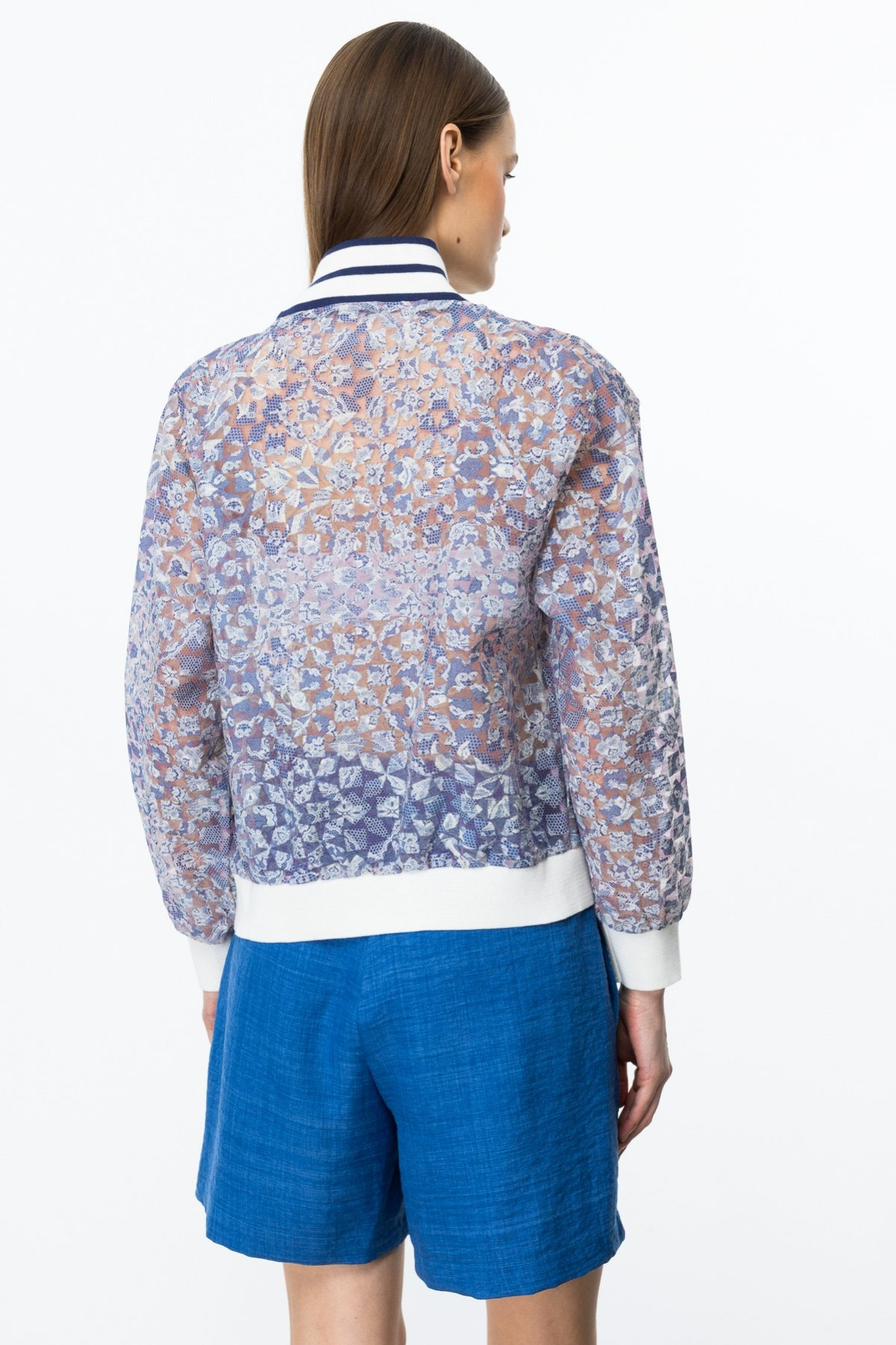 ON FASHION RİBANALI FERMUARLI DESENLİ HIRKA - İNDİGO