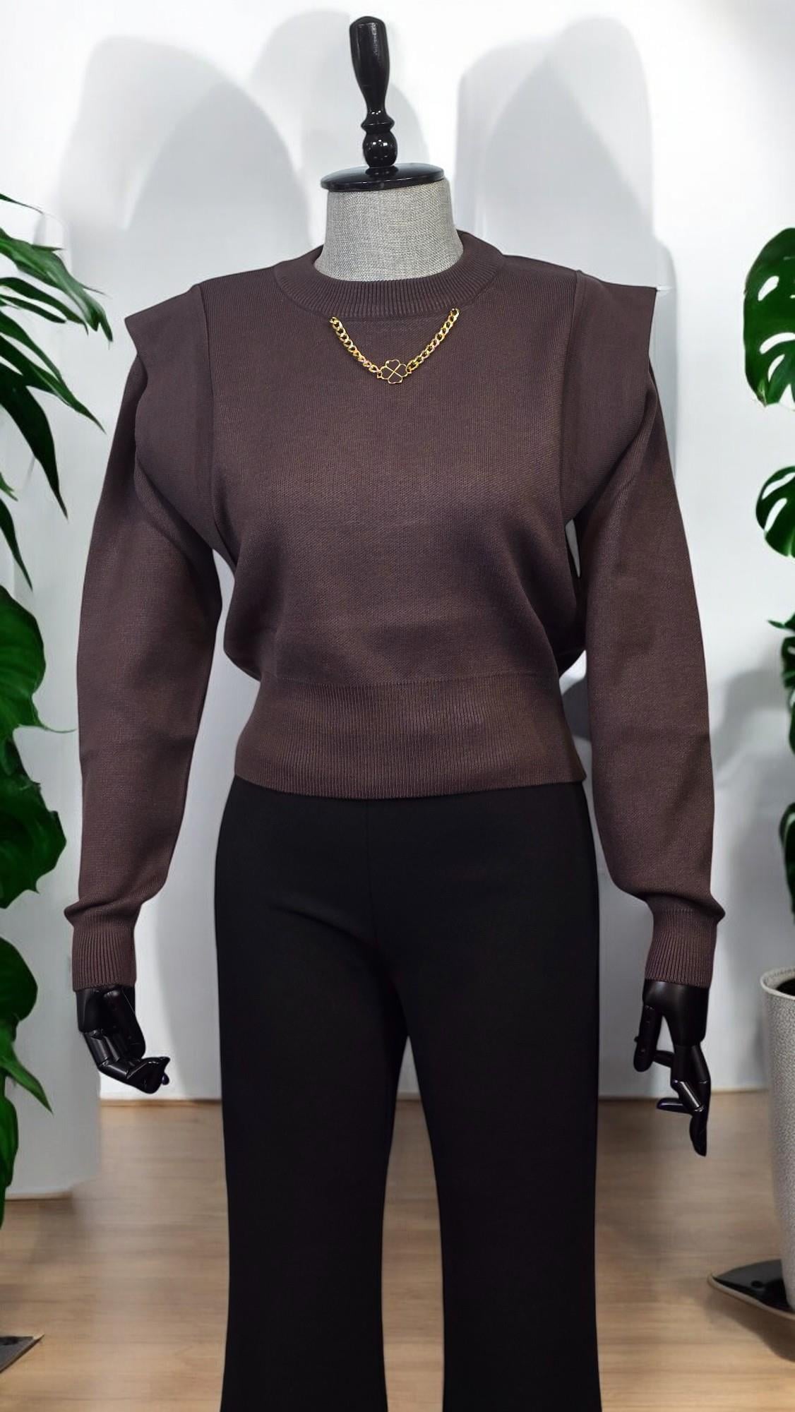 ON FASHION Sıfır Yaka Kısa Kazak - Kahve
