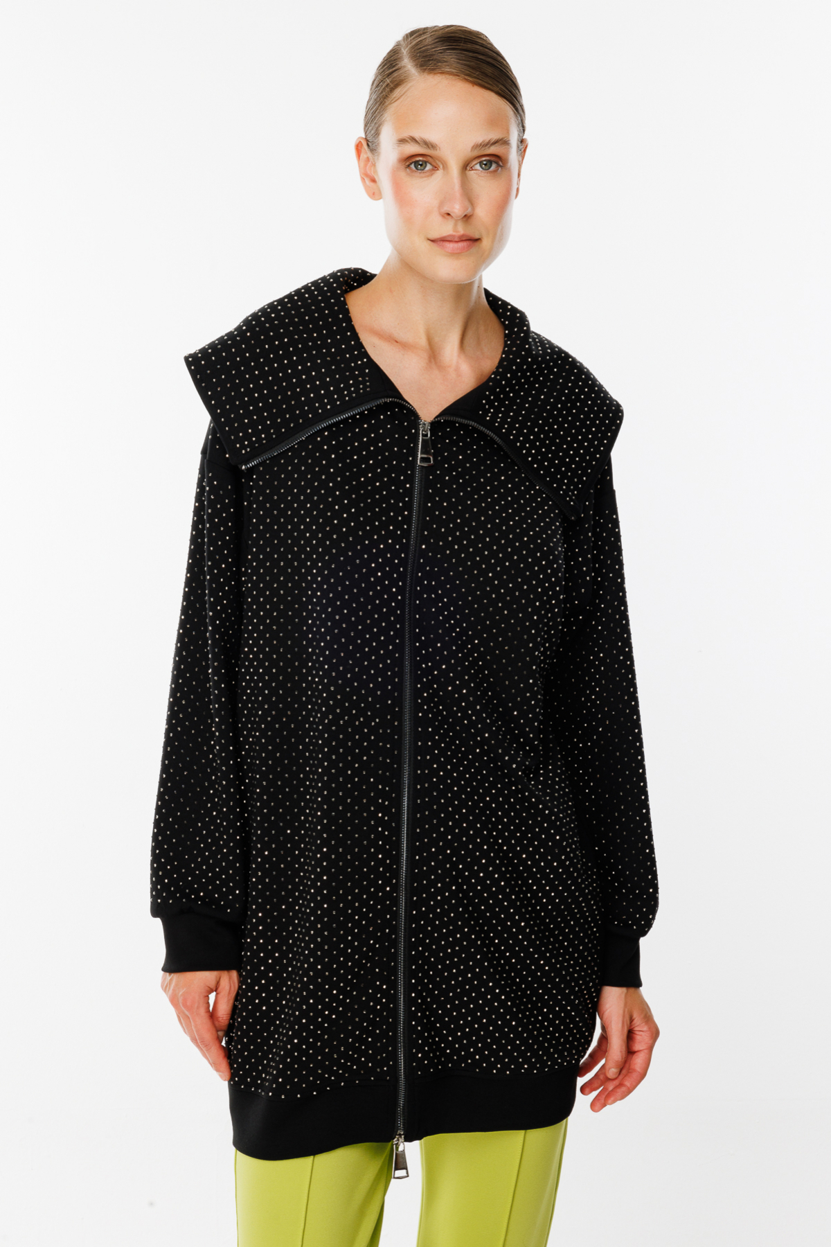 ON FASHION Uzun Yakası Bütün Taşlı Sweat Hırka - Siyah