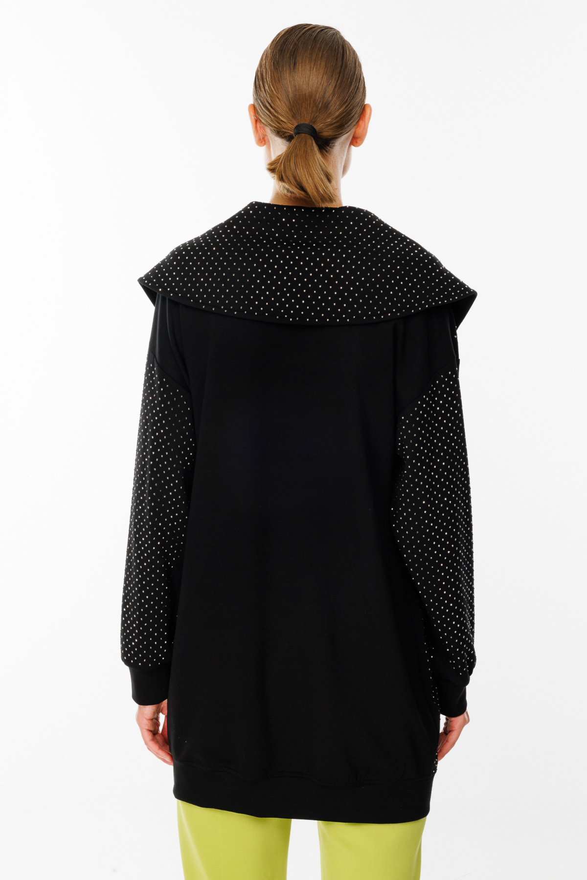 ON FASHION Uzun Yakası Bütün Taşlı Sweat Hırka - Siyah