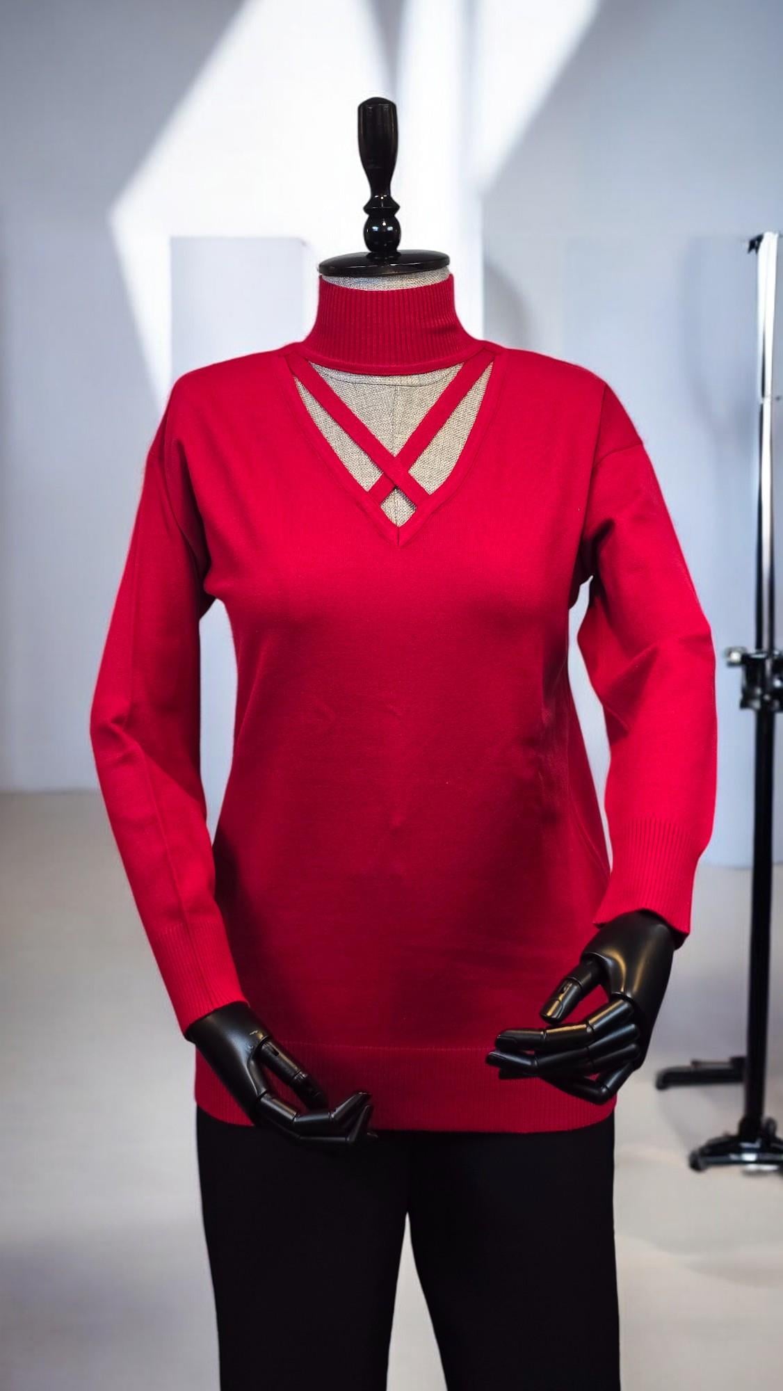 ON FASHION YAKASI ÇAPRAZ DETAYLI KAZAK - KIRMIZI