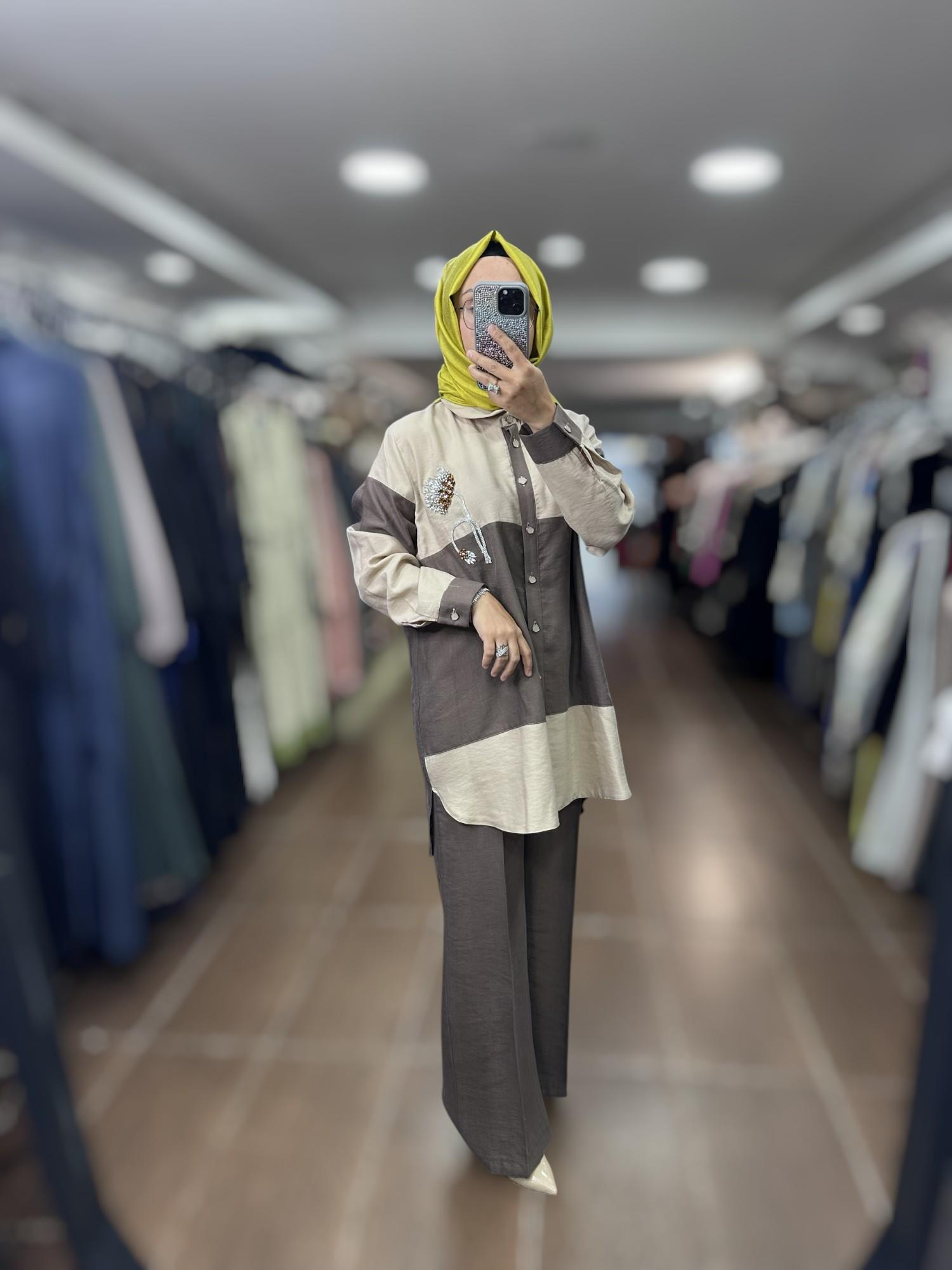 PUREVA TENCEL TUNİK PANTOLON TAKIM - BEJ/ÇİKOLATA
