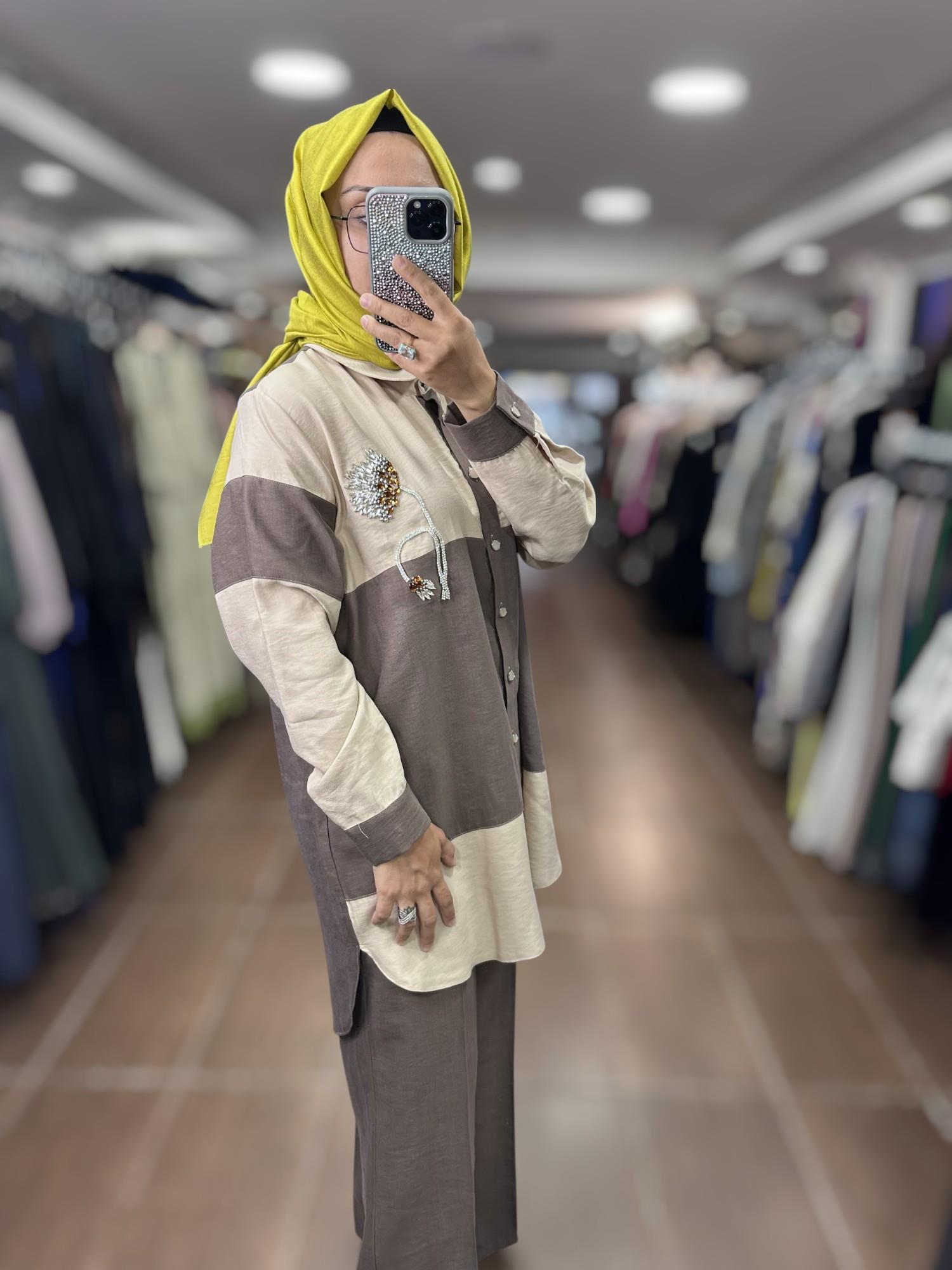PUREVA TENCEL TUNİK PANTOLON TAKIM - BEJ/ÇİKOLATA