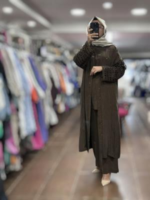 25YGSTKM7329/Ghisa İpek Cupro Üçlü Takım - KAHVE