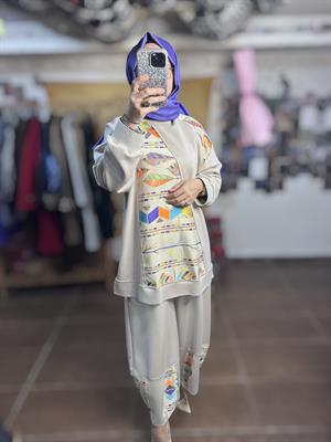 Ghisa Önü Jakarlı Tunik Pantolon Takımı - Taş