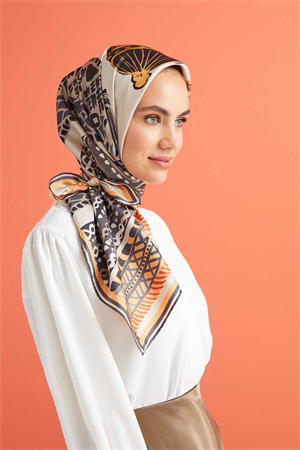 İmannoor 1001 Minare Bej Tivil İpek Eşarp 90x90