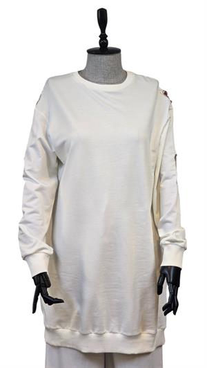 İPEKSİ İKİ İPLİK SWEATSHIRT KOLU PUL VE ZİNCİR İŞLEMELİ - EKRU