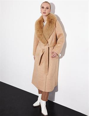 KAYRA KA-A23-17025D Premium Yün Kürklü Kruvaze Kuşaklı Kaban - Açık camel