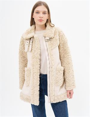 KAYRA KA-A24-17010 Dik Yaka Torba Cepli Peluş Kaban - Bej