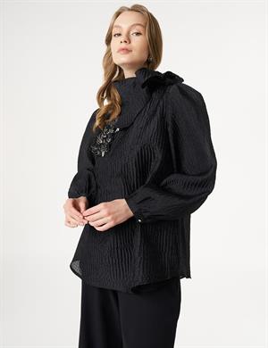 Kayra KA-B25-10004 Şal Yaka Jakarlı Bluz - Siyah