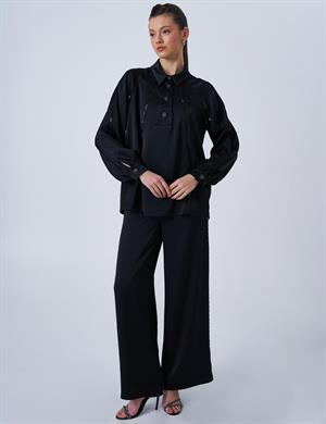 Kayra KA-B25-10010 Parlak Düğmeli Saten Bluz - Siyah