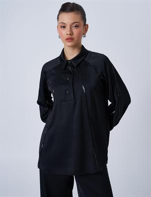 Kayra KA-B25-10010 Parlak Düğmeli Saten Bluz - Siyah