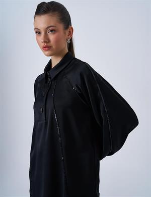 Kayra KA-B25-10010 Parlak Düğmeli Saten Bluz - Siyah