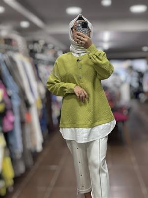Kayra KA-B25-11013 Hotfix Baskılı Dokulu Tunik - Yeşil