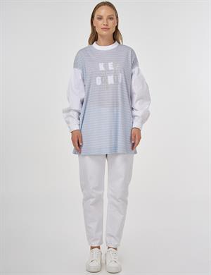 KAYRA KA-B25-11014 Sloganlı Çizgi Desen Tunik - Açık Mavi