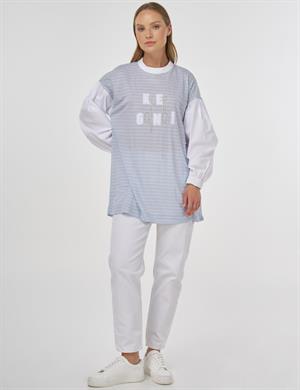 KAYRA KA-B25-11014 Sloganlı Çizgi Desen Tunik - Açık Mavi