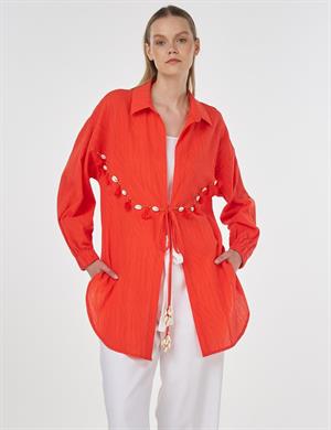 KAYRA KA-B25-21055 Deniz Kabuğu İşlemeli Pamuklu Tunik - Mercan