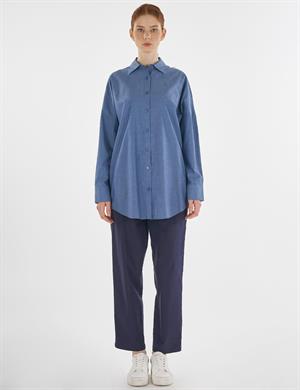 KAYRA KA-B25-21136 %100 Pamuklu Düşük Omuz Tunik - İndigo