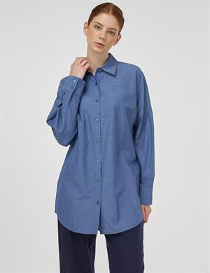 KAYRA KA-B25-21136 %100 Pamuklu Düşük Omuz Tunik - İndigo