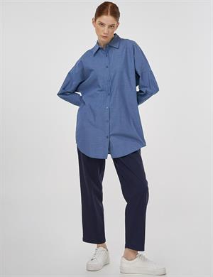 KAYRA KA-B25-21136 %100 Pamuklu Düşük Omuz Tunik - İndigo