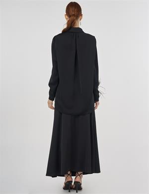 KAYRA KA-B25-21152 Otriş Detaylı Saten Tunik - Siyah