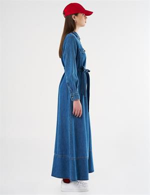 KAYRA KA-B25-23004 Kapak Cepli ve Kuşaklı Denim Elbise - indigo
