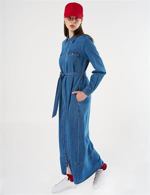 KAYRA KA-B25-23004 Kapak Cepli ve Kuşaklı Denim Elbise - indigo