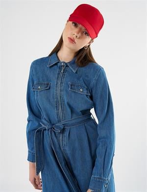 KAYRA KA-B25-23004 Kapak Cepli ve Kuşaklı Denim Elbise - indigo