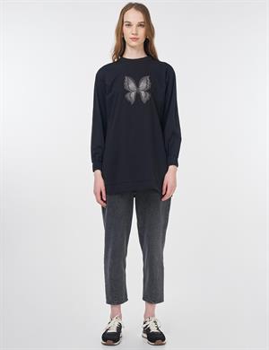 Kayra KY-B25-70033 Kelebek Nakışlı Sweatshirt - Siyah