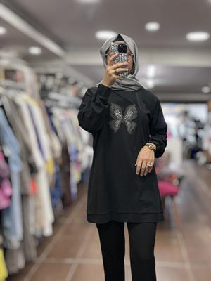 Kayra KY-B25-70033 Kelebek Nakışlı Sweatshirt - Siyah