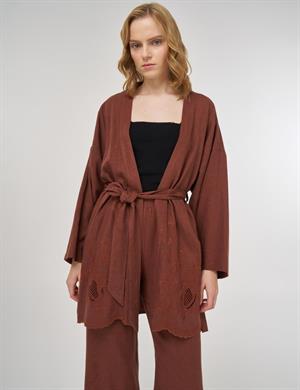 KAYRA KY-B25-76030 Nakış Aplikeli Keten Viskon Kimono Takım - Kahve