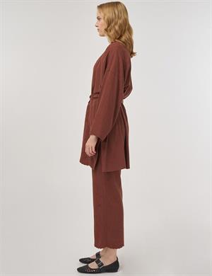 KAYRA KY-B25-76030 Nakış Aplikeli Keten Viskon Kimono Takım - Kahve