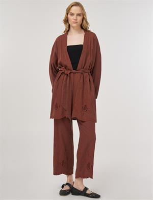 KAYRA KY-B25-76030 Nakış Aplikeli Keten Viskon Kimono Takım - Kahve