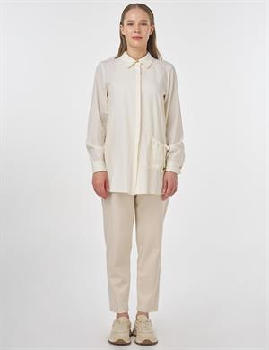 KAYRA KY-B25-81022 Tek Cepli Gofreli Tunik - Ekru