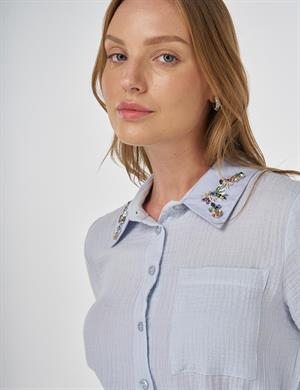 kayra KY-B25-81062 Yakası Taş İşlemeli Müslin Tunik - Mavi