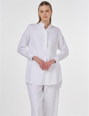KAYRA KY-B25-81089 İnci İşlemeli Viskon Keten Tunik - Optik Beyaz