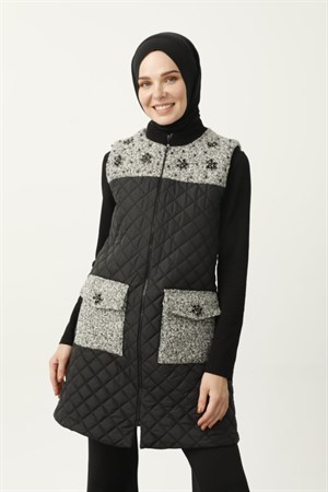 KUZU TAŞ DETAYLI KAPİTONE YELEK - SİYAH/GRİ