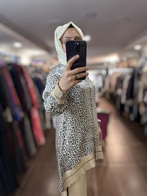 MERSERİZE RİBANALI TUNİK PANTOLON TAKIM Bej LUKAS DİJİTAL