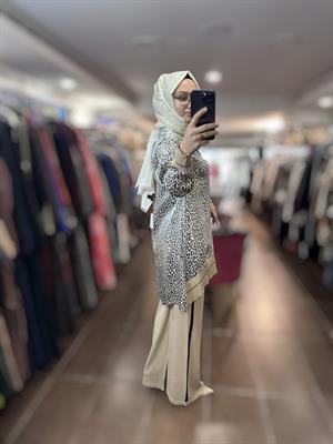 MERSERİZE RİBANALI TUNİK PANTOLON TAKIM Bej LUKAS DİJİTAL