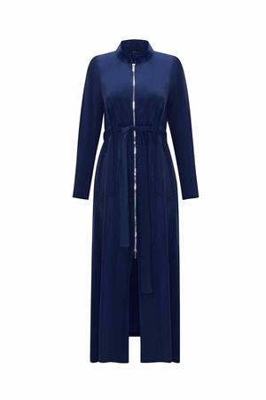 Miss Dalida T25Y-8006 Cebi Kapitoneli Uzun Cupro Ceket - Navy Blue