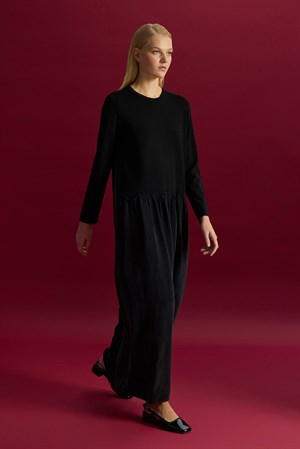 Miss Dalida T26Y-4038 Büzgü Detaylı Triko Cupro Elbise- BLACK
