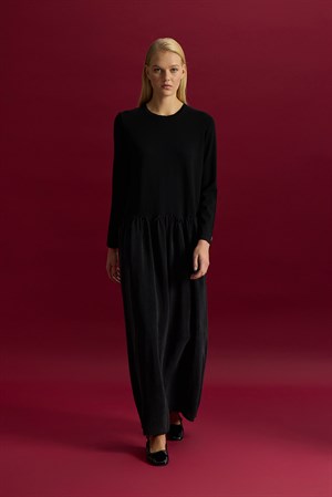 Miss Dalida T26Y-4038 Büzgü Detaylı Triko Cupro Elbise- BLACK