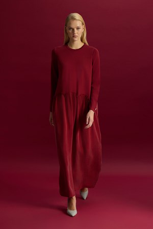 Miss Dalida T26Y-4038 Büzgü Detaylı Triko Cupro Elbise - CHERRY