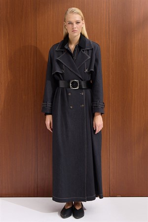 Miss Dalida T26Y-8000 Düz Renk Denim Trenchkot - BLACK