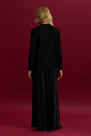 Miss Dalida T26Y-8203 Fermuarlı Cupro Detaylı Triko Ceket - BLACK