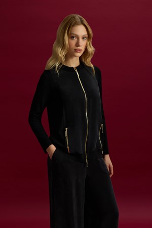 Miss Dalida T26Y-8203 Fermuarlı Cupro Detaylı Triko Ceket - BLACK