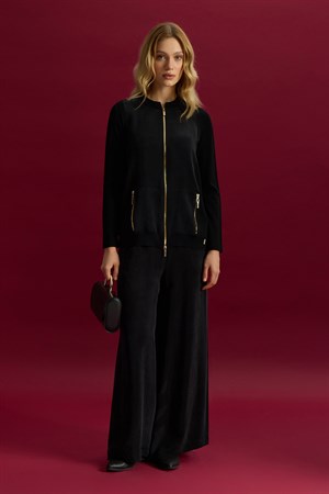 Miss Dalida T26Y-8203 Fermuarlı Cupro Detaylı Triko Ceket - BLACK
