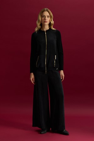 Miss Dalida T26Y-8203 Fermuarlı Cupro Detaylı Triko Ceket - BLACK