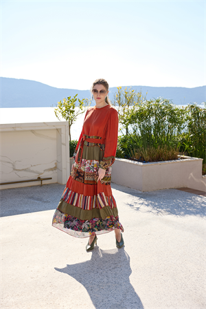 MissWhence 35813 Patchwork İpek Elbise-Oranj