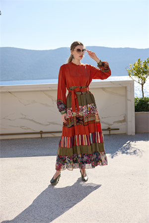 MissWhence 35813 Patchwork İpek Elbise-Oranj